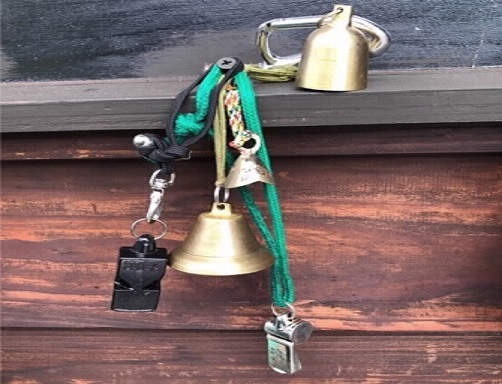 金色のベルといくつかの小さなベルが緑の紐でつながれた画像。