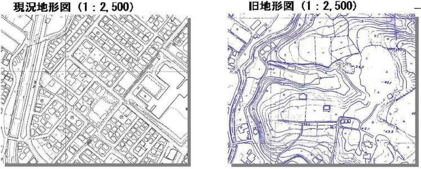 現在地形図と旧地形図の比較を示す地図である