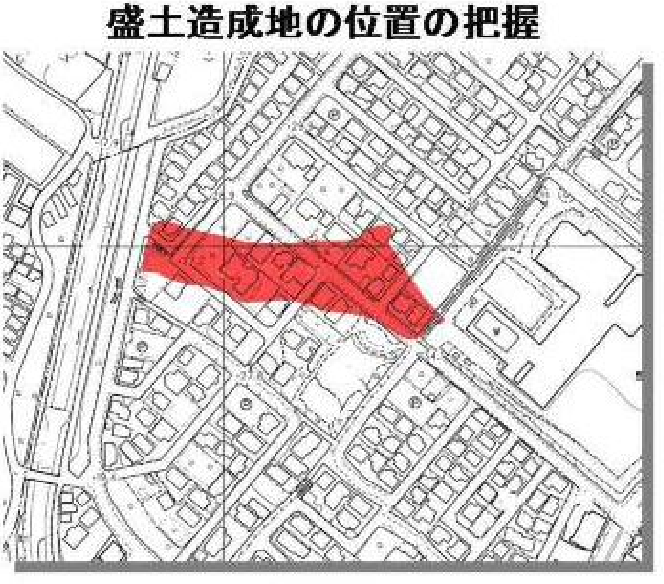 地図上に赤色で示された盛土造成地の位置を示す画像。