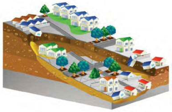 階段状の地形に配置された住宅と樹木を示すイラスト。