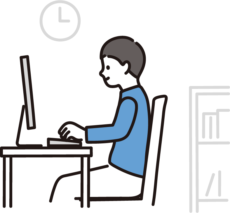 机に座りパソコンの画面を見ながらキーボードを操作している青い服の人のイラスト