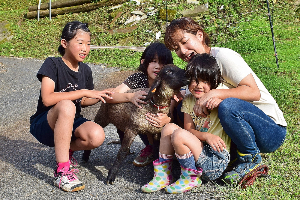 子どもと大人合わせて四人がやぎを囲んでしゃがんで撫でている