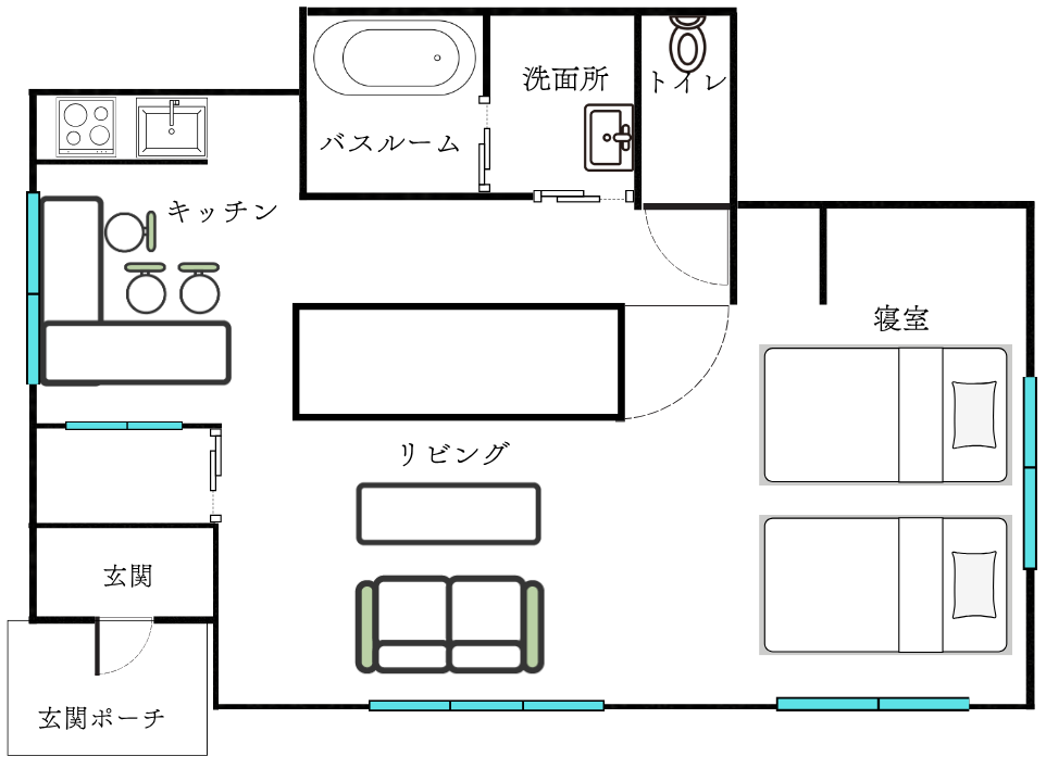 ワンルームの間取り図でキッチン浴室洗面所トイレリビング寝室玄関ポーチとソファやテーブルやベッドなどの家具配置が示されている